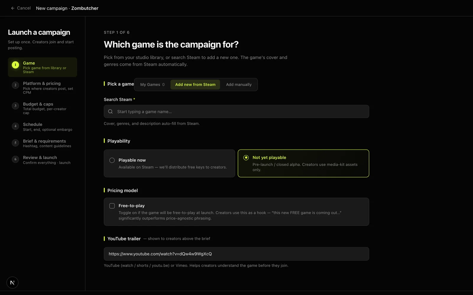 Trapster campaign launch flow — pick a game from Steam, set playability and brief