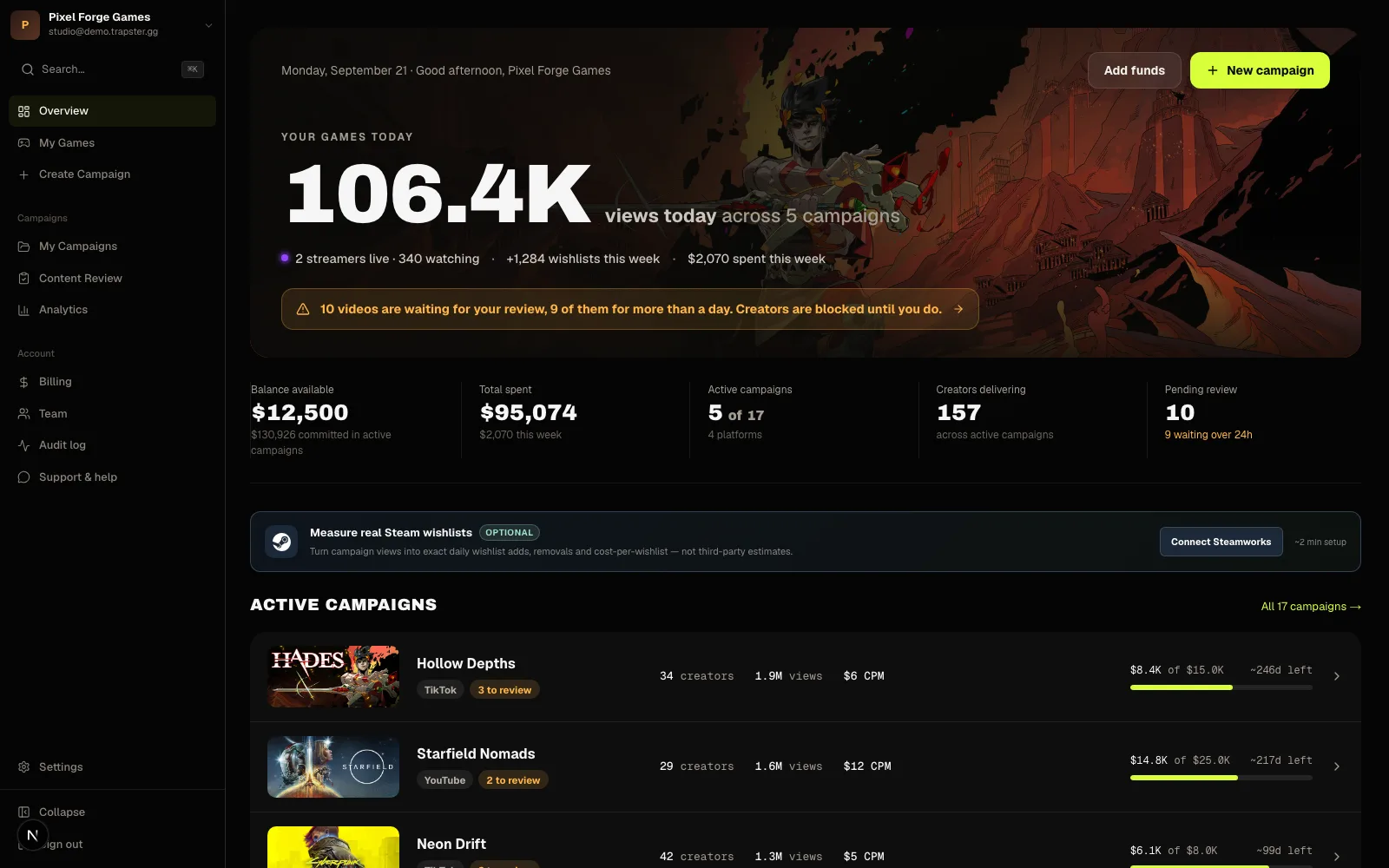 Trapster studio dashboard — views today, live streams and the review queue